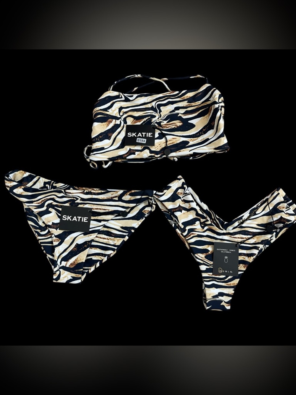 SKATIE NWT Bandeau Top Dylan & Mandi Bottom XS 3pc Marble Zebra Bikini